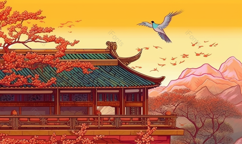 红墙银杏故宫园林建筑插画远处鸟群飞向远方,插画/手绘图,插画/手绘图库,插画/手绘图下载,插画/手绘